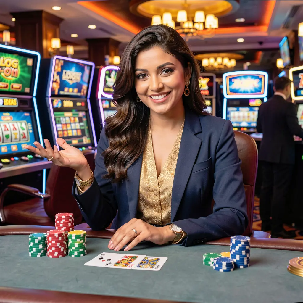 Elegant live casino dealer at a gaming table with poker chips in a vibrant studio atmosphere representing the premium 43OK casino platform in Bangladesh